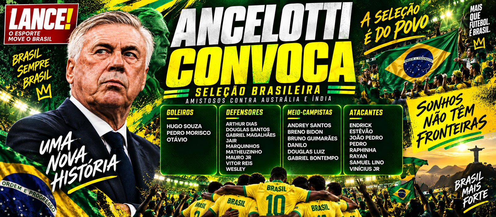 Bruno Guimarães lidera meio-campo convocado por Carlo Ancelotti